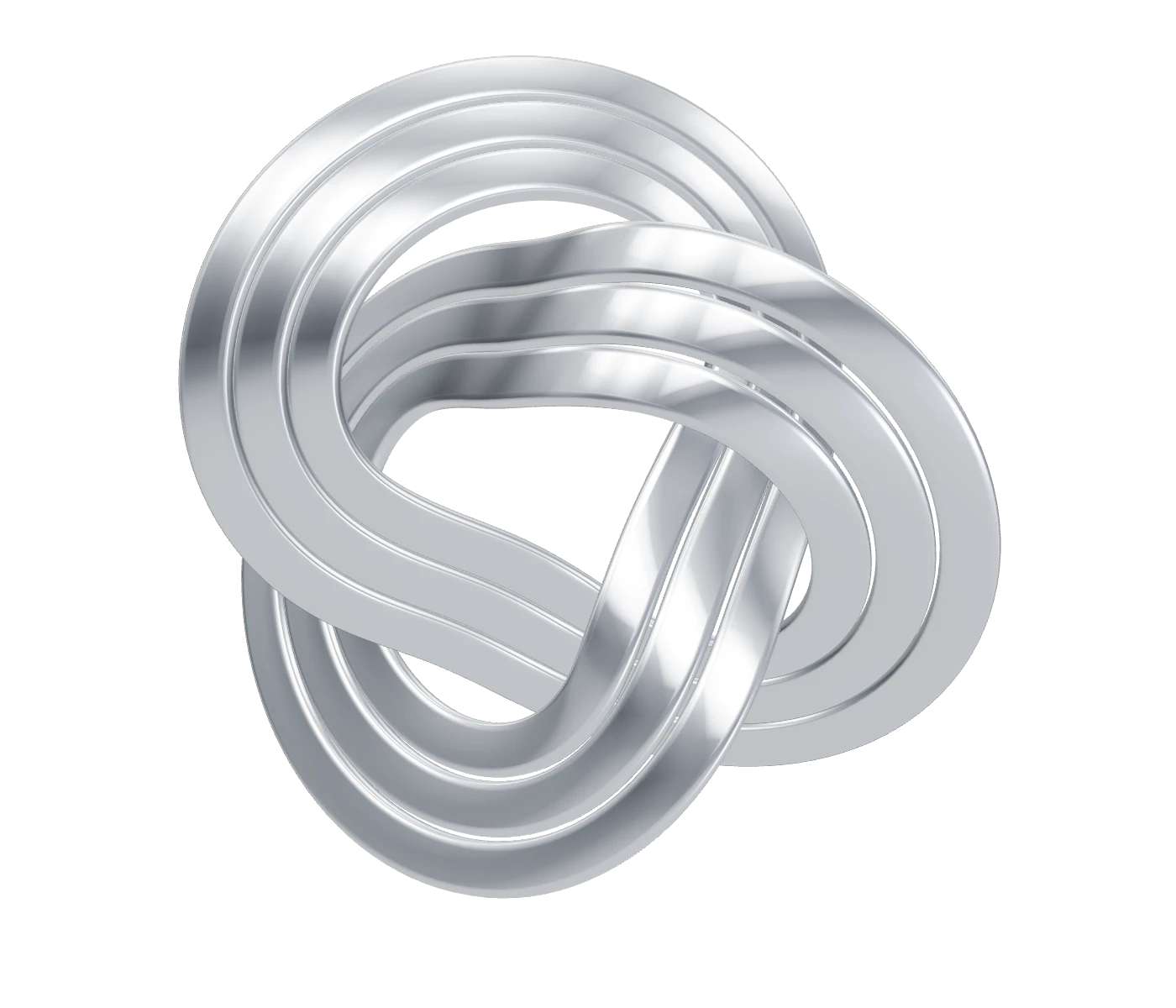 Three polished aluminum ribbons weaving into a continuous, impossible-looking knot.